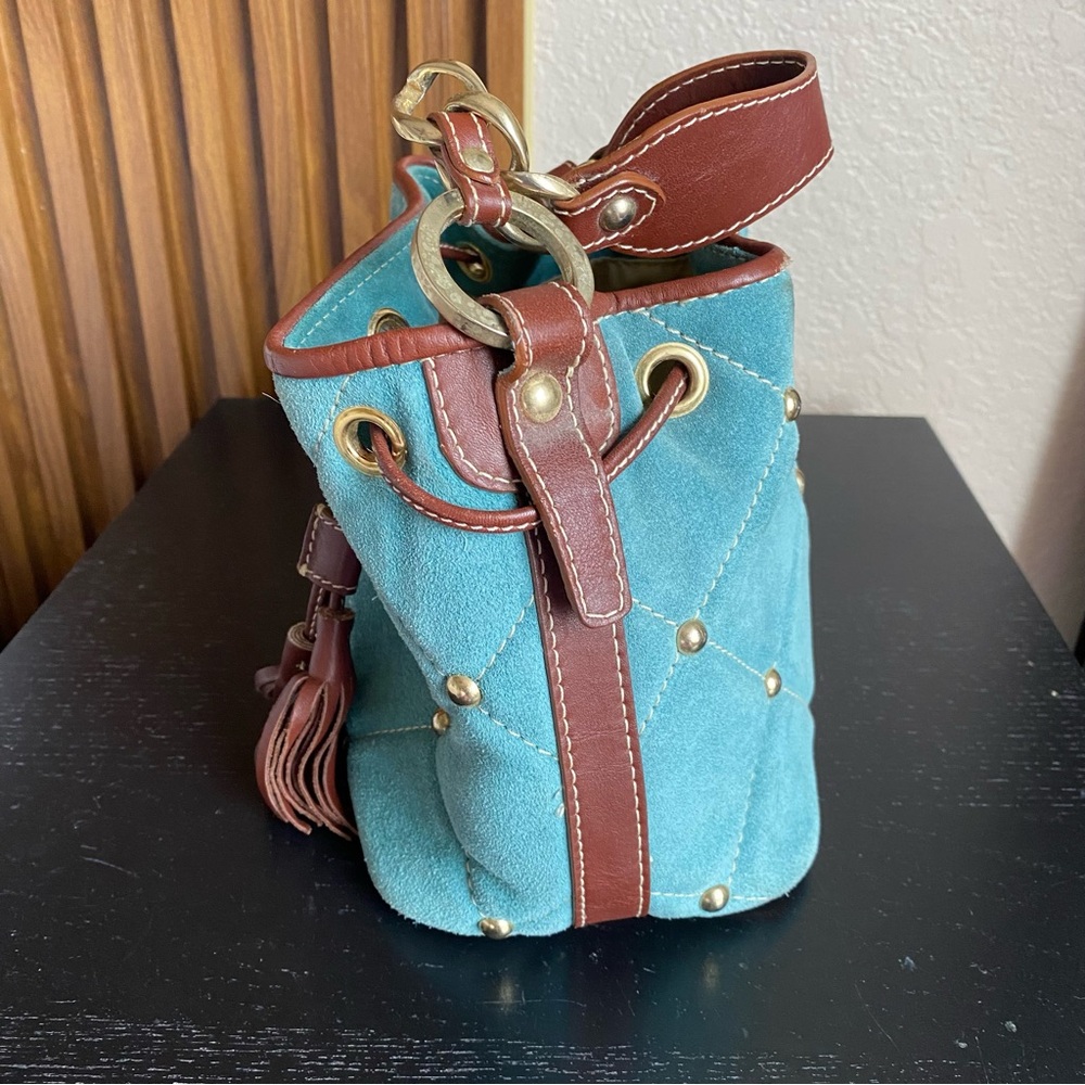 Claudia Firenze Quilted Drawstring
Nubuck Leather Handbag Studded
Bucket Bag - Picture 7 of 16